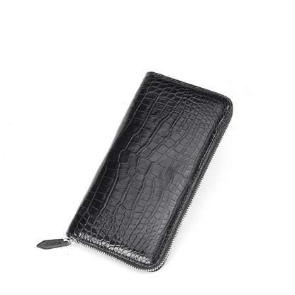Black Embossed Long Full-Zip Card Holder Wallet with Leather Zipper Tab, Large Capacity Handheld Clutch for Business Daily Matching