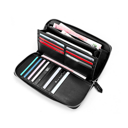 Black Embossed Long Full-Zip Card Holder Wallet with Leather Zipper Tab, Large Capacity Handheld Clutch for Business Daily Matching