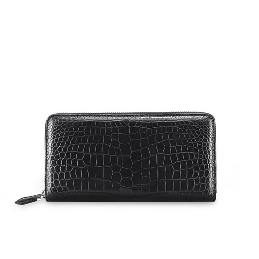 Black Embossed Long Full-Zip Card Holder Wallet with Leather Zipper Tab, Large Capacity Handheld Clutch for Business Daily Matching