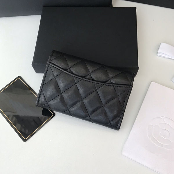 Black Grid Quilted Mini Tri-Fold Card Wallet with Metal Snap Button, Pocket-Sized Flap Purse for Daily Outfit Matching