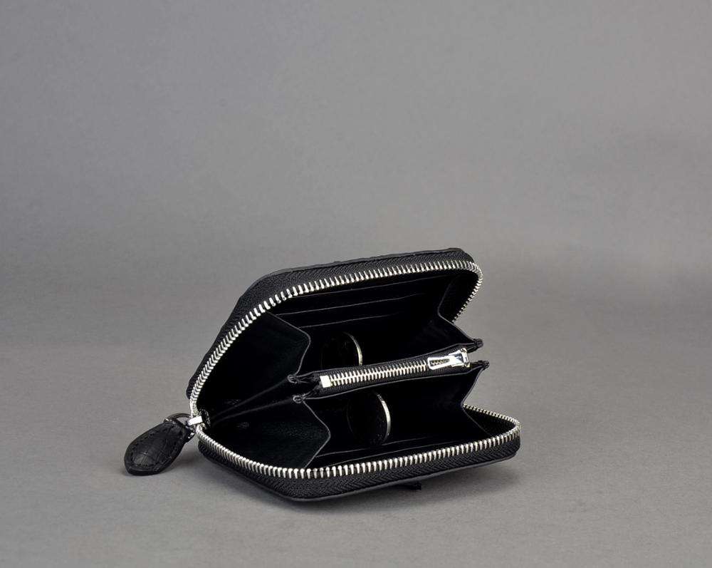 Black Textured Mini Square Zip Wallet with Separate Coin Pocket, Pocket-Sized Card Purse for Daily Outfit Matching