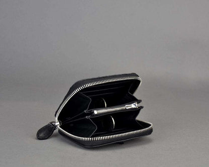 Black Textured Mini Square Zip Wallet with Separate Coin Pocket, Pocket-Sized Card Purse for Daily Outfit Matching