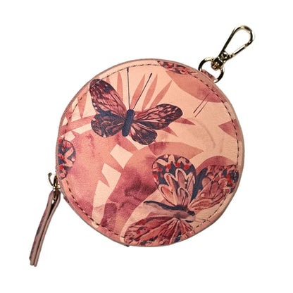 Pink Butterfly Printed Round Mini Zipper Coin Bag with Metal Hook, Portable Small Storage Pouch for Daily Outfit Matching