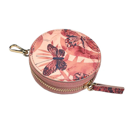 Pink Butterfly Printed Round Mini Zipper Coin Bag with Metal Hook, Portable Small Storage Pouch for Daily Outfit Matching