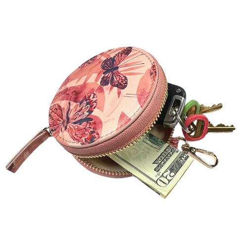 Pink Butterfly Printed Round Mini Zipper Coin Bag with Metal Hook, Portable Small Storage Pouch for Daily Outfit Matching