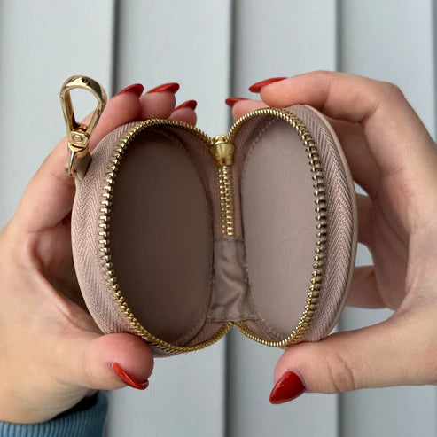Pink Butterfly Printed Round Mini Zipper Coin Bag with Metal Hook, Portable Small Storage Pouch for Daily Outfit Matching