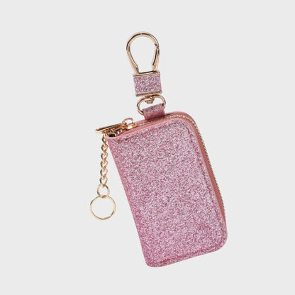 Glitter Faux Leather Mini Key Pouch with Carabiner Chain, Multi-color Small Zipper Wallet for Daily Outfit Matching