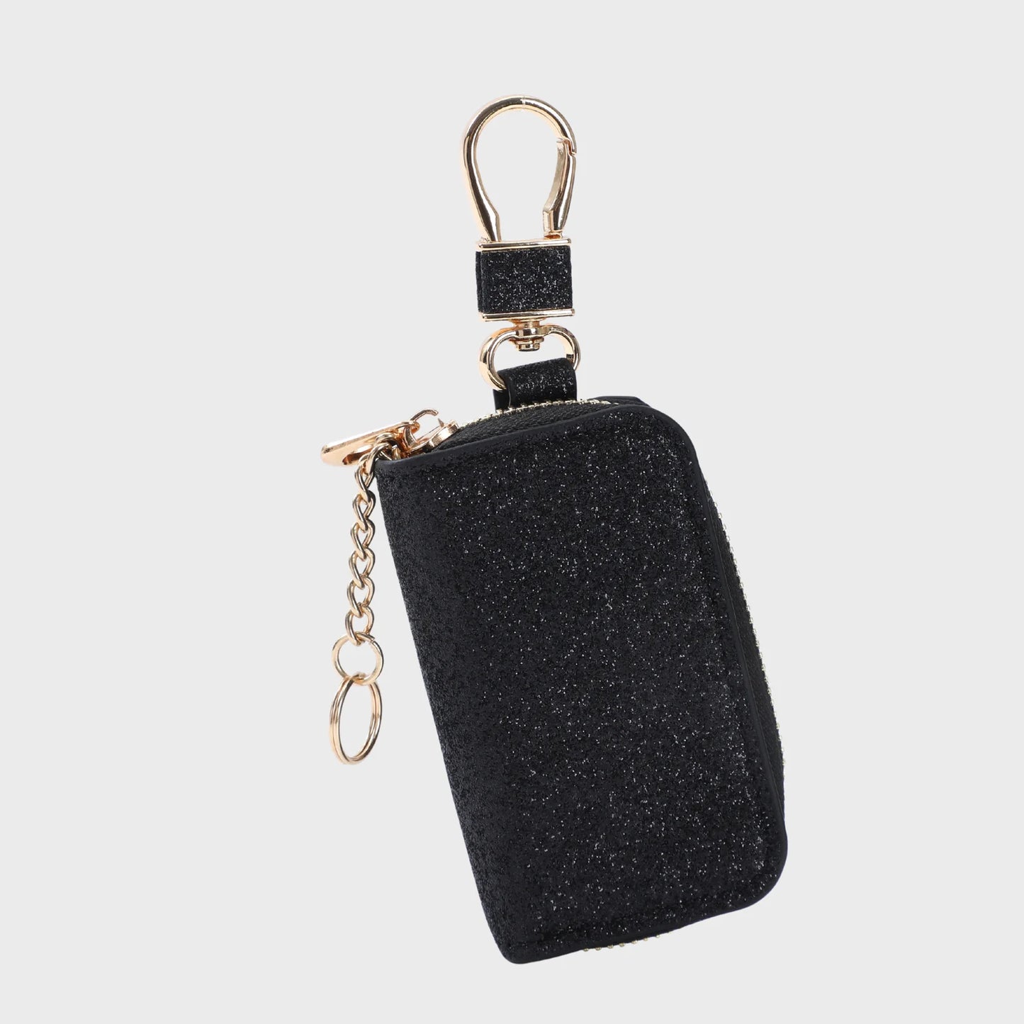 Glitter Faux Leather Mini Key Pouch with Carabiner Chain, Multi-color Small Zipper Wallet for Daily Outfit Matching