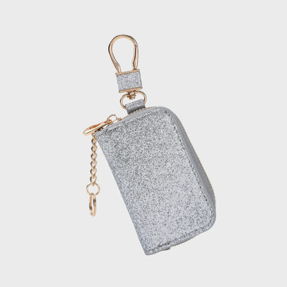 Glitter Faux Leather Mini Key Pouch with Carabiner Chain, Multi-color Small Zipper Wallet for Daily Outfit Matching