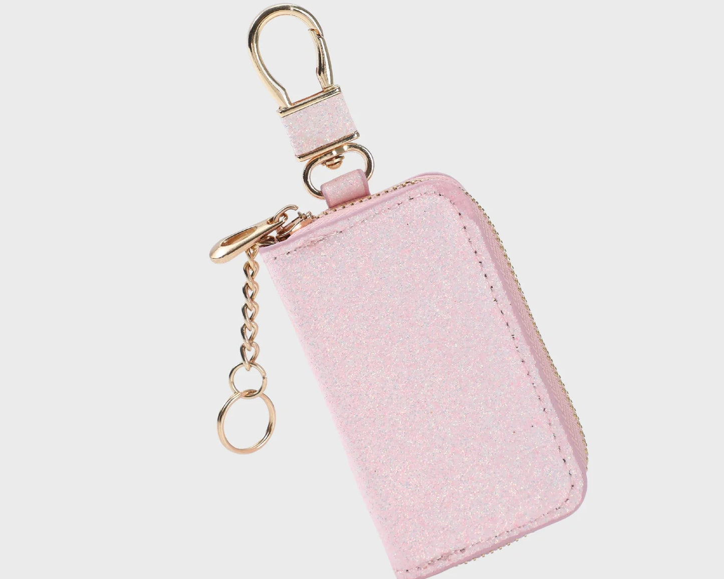 Glitter Faux Leather Mini Key Pouch with Carabiner Chain, Multi-color Small Zipper Wallet for Daily Outfit Matching