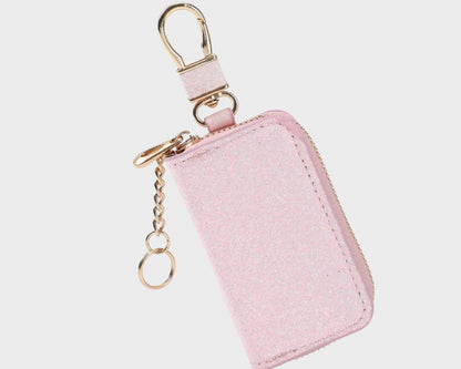 Glitter Faux Leather Mini Key Pouch with Carabiner Chain, Multi-color Small Zipper Wallet for Daily Outfit Matching